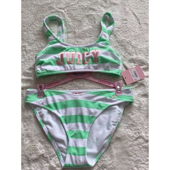 Juicy Couture Terry Bralette Bikini Set Ladies Women’s Sz M Green Mint Stripes - Picture 1 of 11